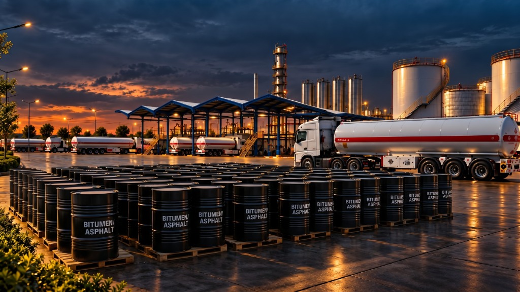 Bitumen barrels at industrial facility
